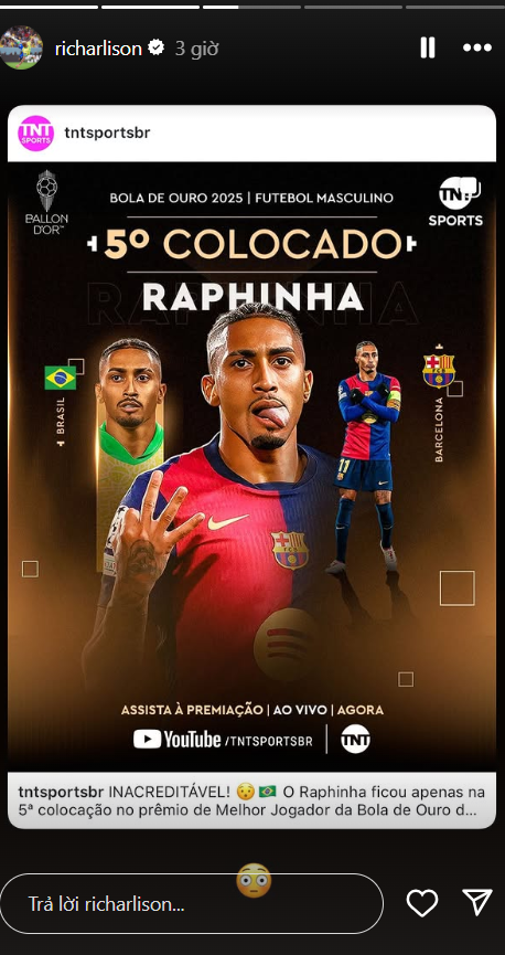 Richarlison không hài lòng về kết quả trao giải Quả bóng vàng 2025 1